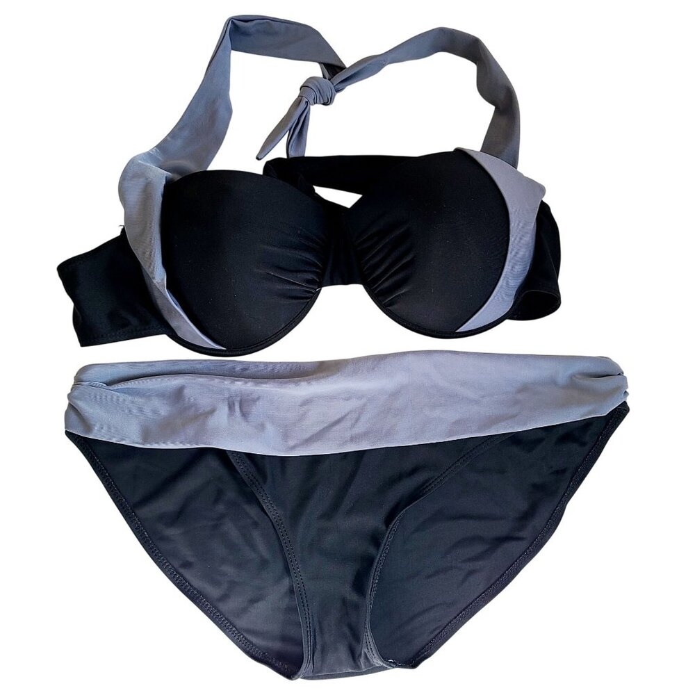 Black & Gray Halter Bikini Set Padded Top Classic Bottom Swimwear Womens Sz 2XL